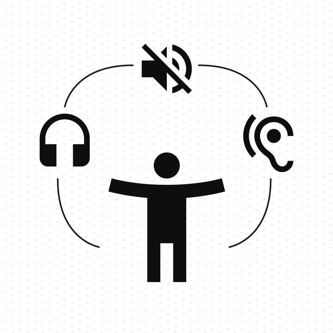 Icons for auditory accessibility: headphones, volume mute, and ear, surrounding an icon of a person with outstretched arms.