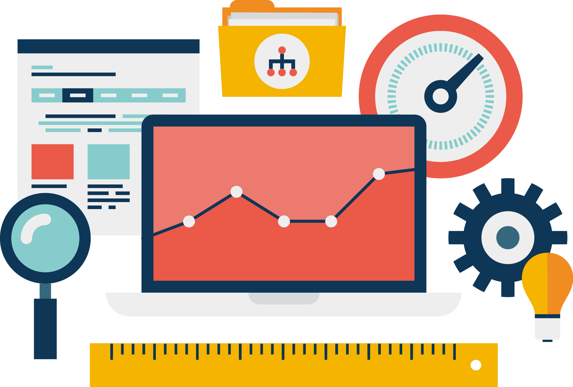 Icons representing optimization including a magnifying glass, graphs on a screen, ruler, lightbulb, gear and speedometer.