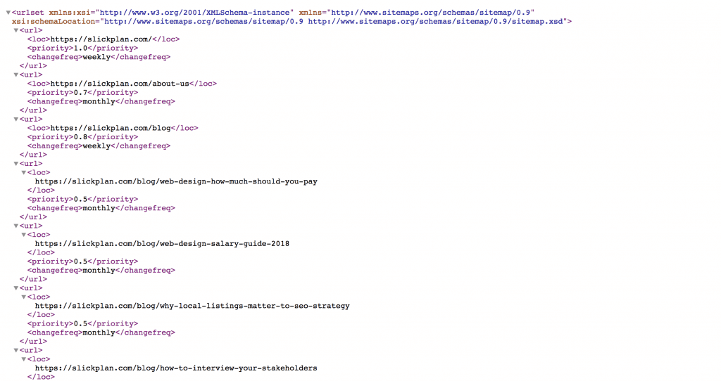 Code for an xml sitemap pictured. Usually one uses a generator to create this code. It looks like a list of links within url brackets.